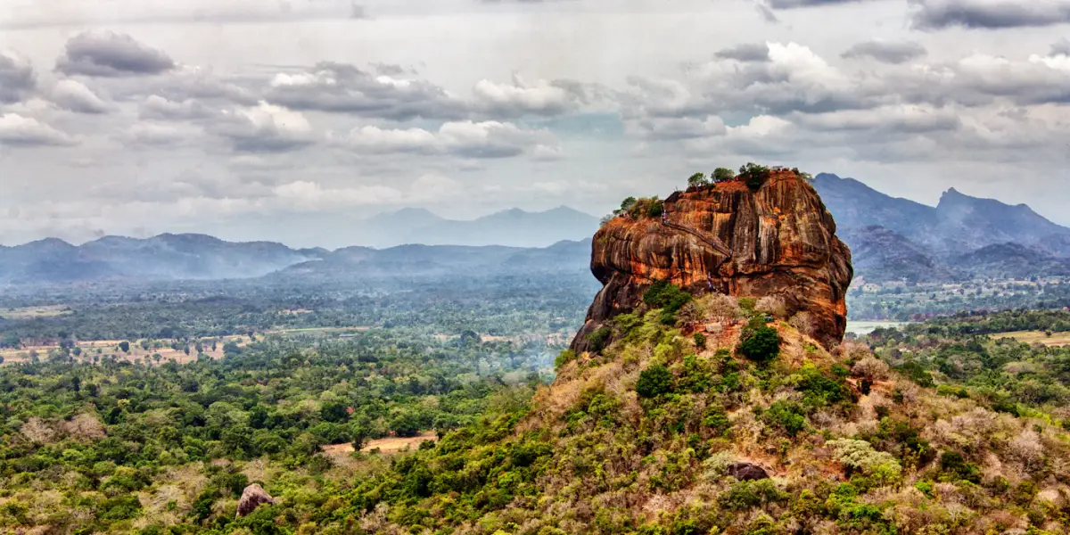 Sigiriya rock fortress seen from Pidurangala, with the central hills behind