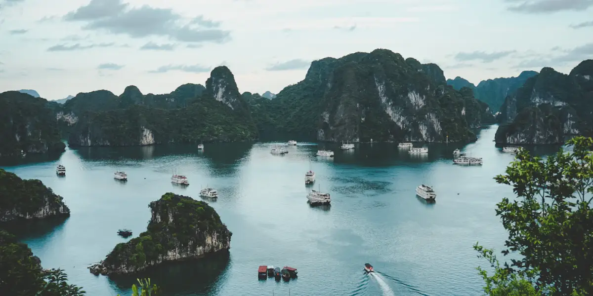 Cruise boats among the limestone karst islands of Ha Long Bay, seen from a hilltop